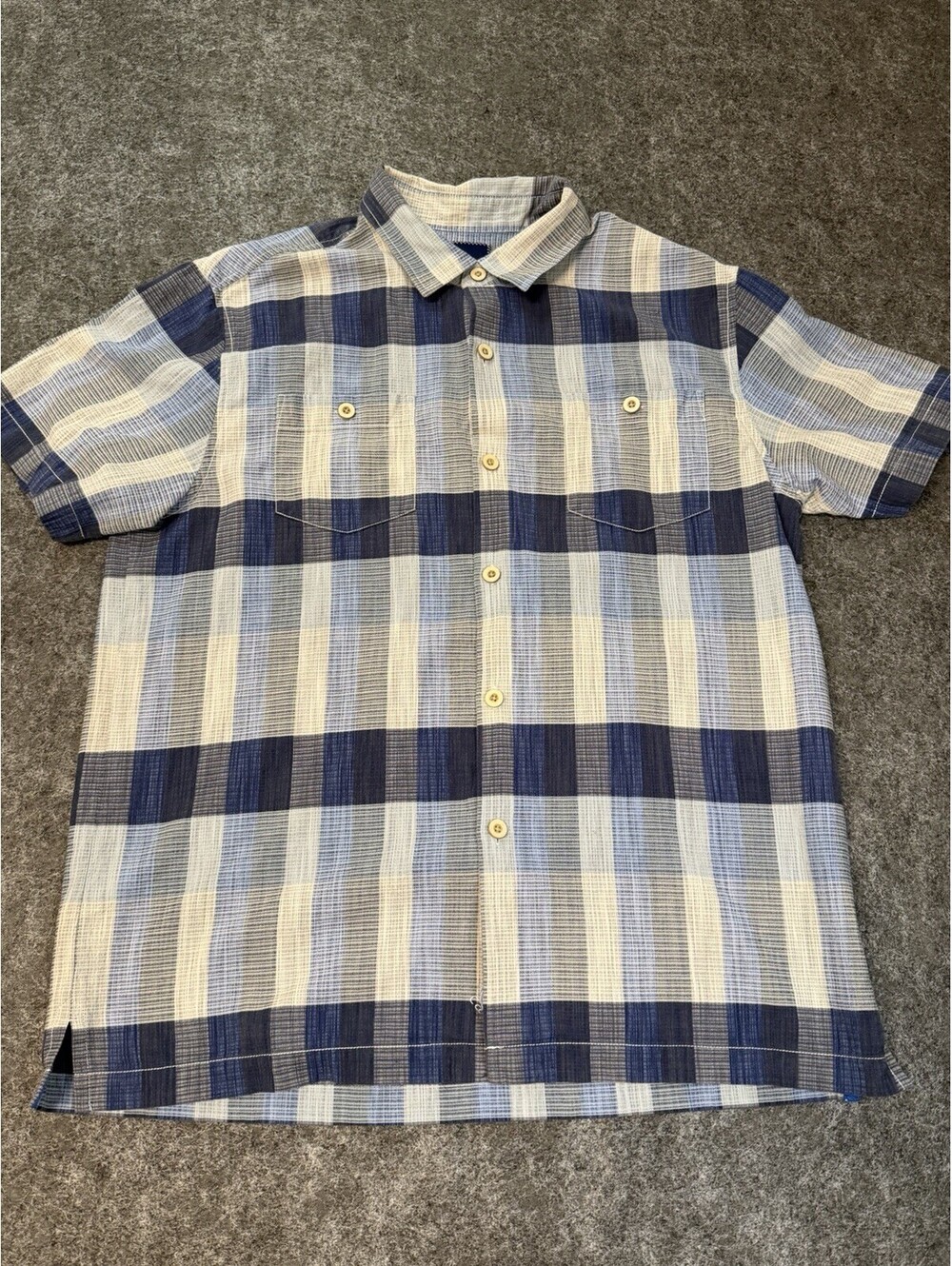Tommy Bahama Mens Large Silk Cotton Plaid Short Sleeve Button Down Shirt Blue